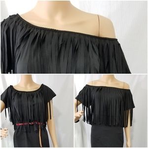 3X black dress Fringe off on shoulder